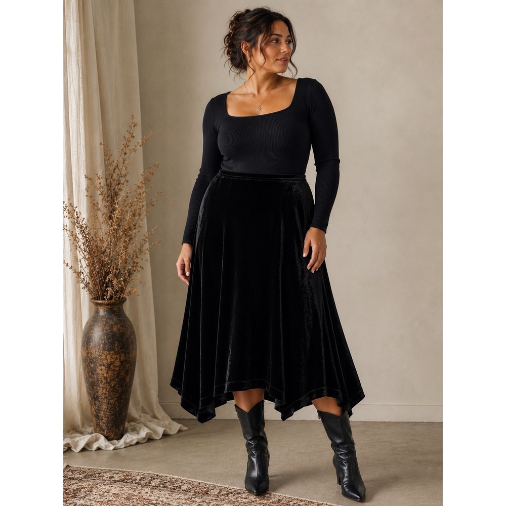 J. Jill Black Velvet‎ Handkerchief Hem Midi Skirt Women's Large Stretch Side Zip